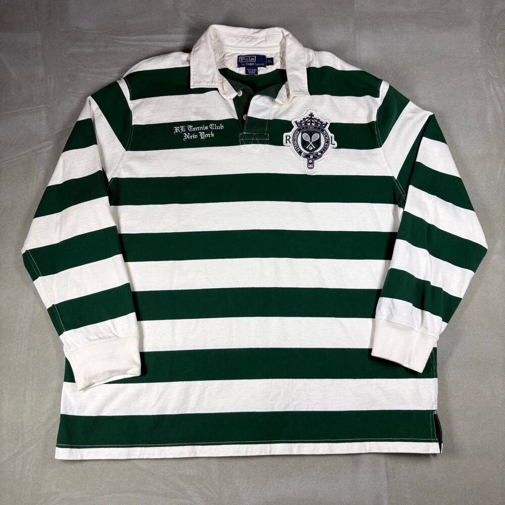 Polo Ralph Lauren RL Tennis Club Rugby Shirt Mens XL Green White Striped LS
